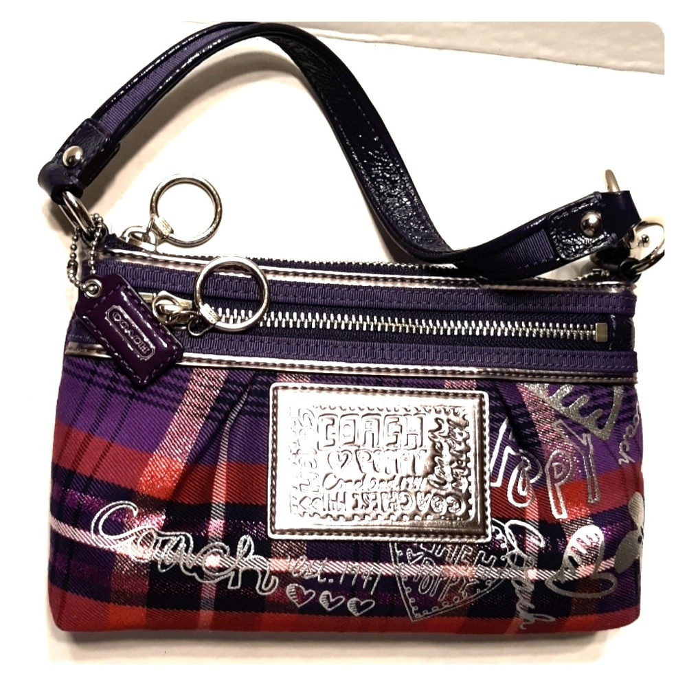 L@@k! NWOT Rare COACH Poppy Purple Tartan Metallic Large Bag/Wristlet/Wallet